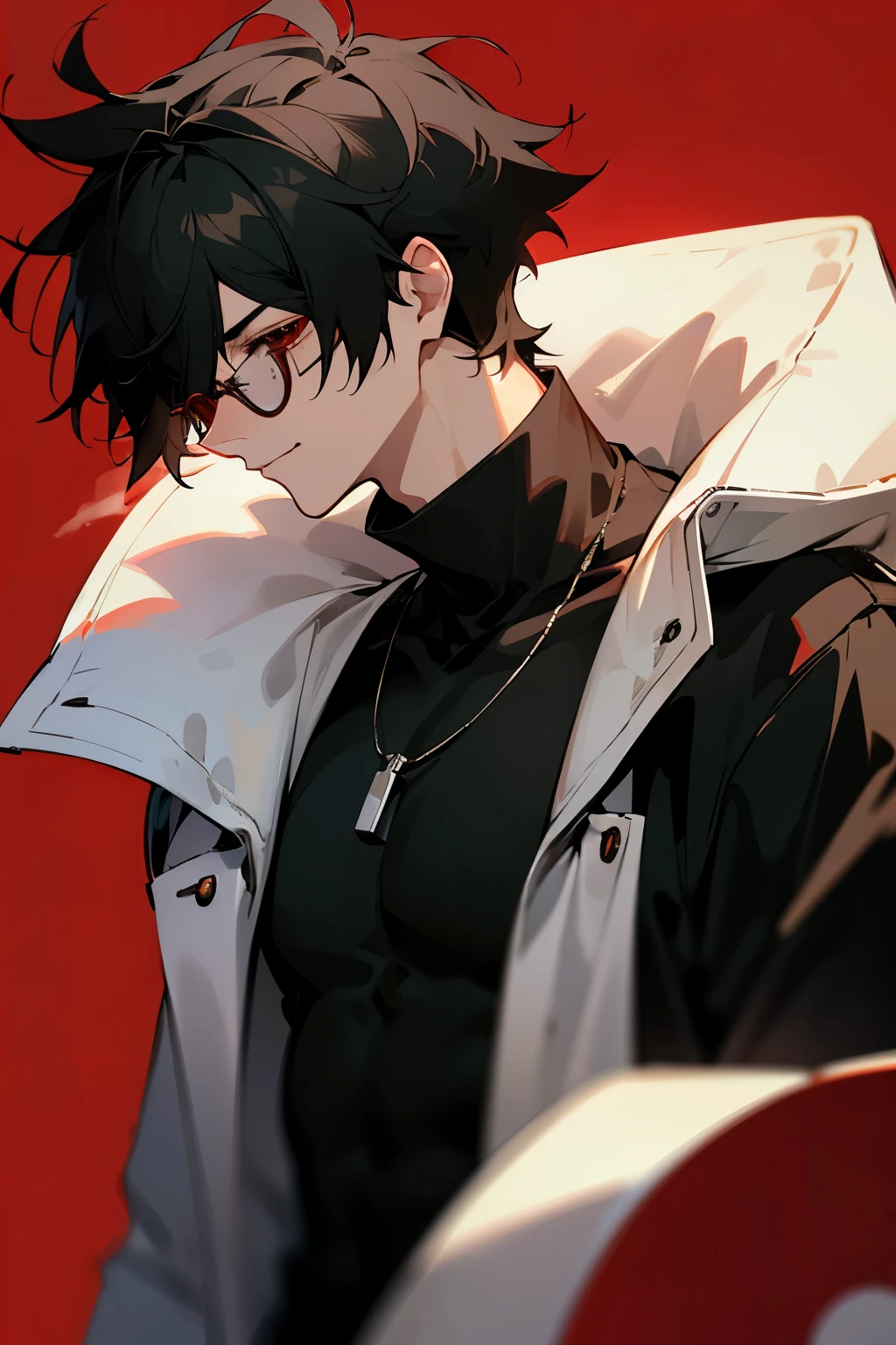 High definition, uhd. Draw a male anime character in profile with white skin, medium and messy black hair, but well looked after. Your hair falls over your ears and the back of your neck. The character is blind and wears sunglasses with red lenses and silver frames.. Glasses hide your eyes and give you a mysterious look. Wear a black sweater. fine nose, relaxed features, Serious and confident, corner smile. Red background in blurred style.
