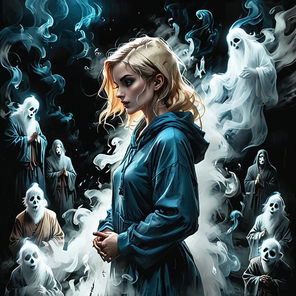 ((profile angle):2), ((look at each other)), ((look at the side):2), open mouth, (profile), (blonde girl with blue eyes in blue hoodie look at the side) ghost Buddhist monk knees praying,hands folded in a gesture of supplication, Short blonde Waves pixie hair, snub nose, Full nude Lips, many ghosts monks on background, without faces, shadows, night, jungle, smoke, fog, graphic style of novel comics, perfect hands, 2d, 8k, hyperrealism, masterpiece, high resolution, best quality, ultra-detailed, super realistic, Hyperrealistic art, high-quality, ultra high res, highest detailed, lot of details, Extremely high-resolution details, incredibly lifelike, colourful, soft cinematic light,