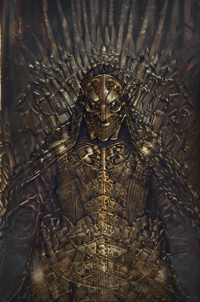 Masked man sitting on a throne. He wears a mask shaped like a human skull. In the right hand he holds a sword and in the left hand he holds a bloody cut head. He is dressed in a long leather toga and wears a hood on his head [Man] [Human skull mask] [Swords] [Human head cut] [Throne] [Scary] [Horror]