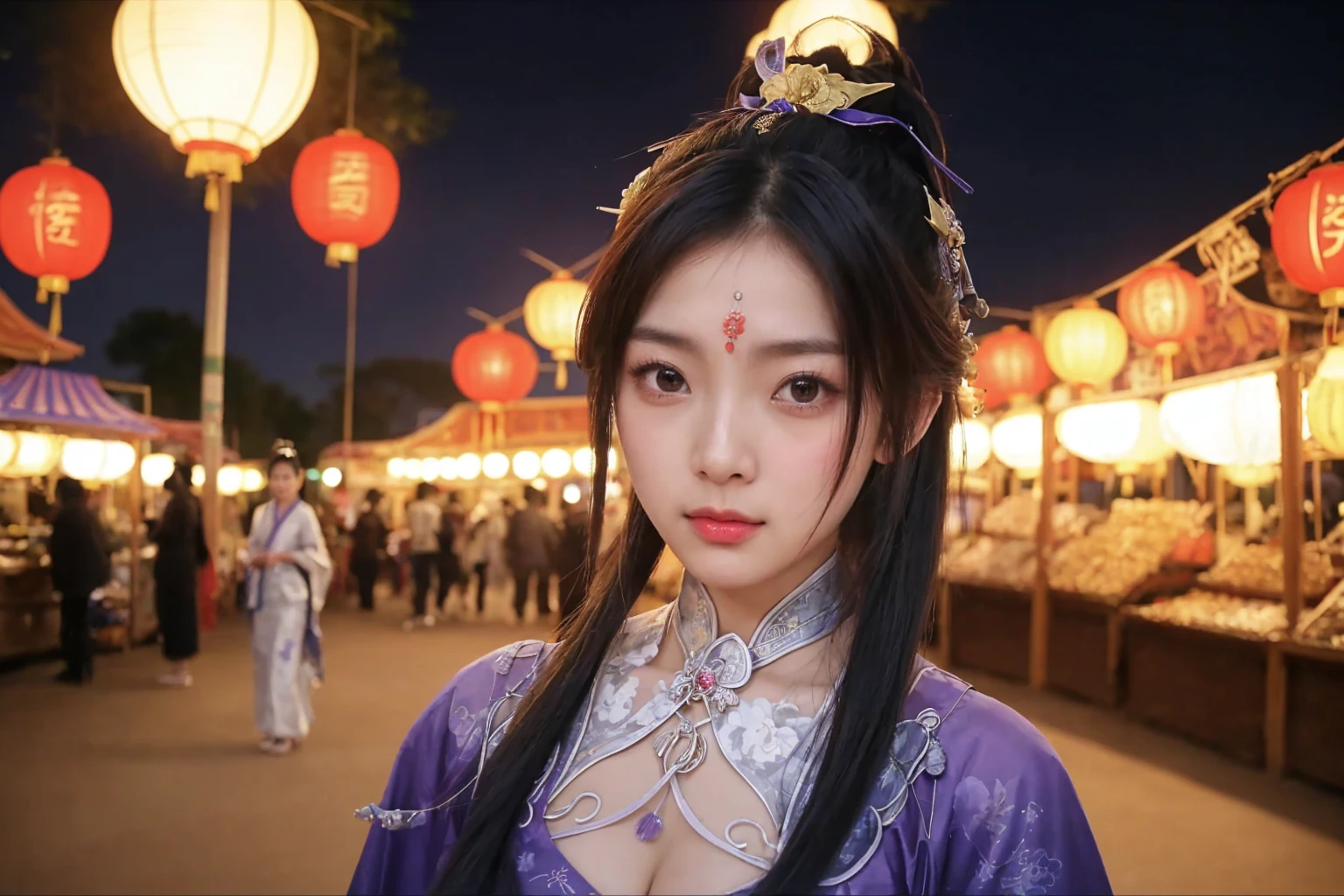 score_9, score_8_up, score_7_up, BREAK,
In this vibrant scene, a young girl in a purple Hanfu stands alone, her luster radiating amidst a bustling market. Her big eyes and silver ponytail add to her allure. The market is alive with color, vendors, and lanterns. In the distance, the Great Wall stands majestically. The girl interacts with a playful monkey or dragon, symbolizing Chinese mythology. The atmosphere is festive with fireworks and traditional music, highlighting the girl's exquisite features against the vibrant backdrop.
