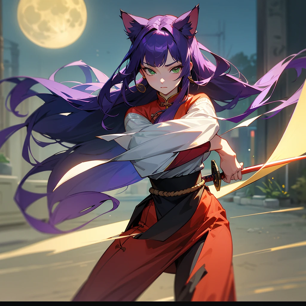 a mature woman in ancient chinese attire, long purple hair and three bangs, calm and intellectual expression, green eyes, cat ears, holding a long sword, fighting in a night street scene with a full moon, detailed facial features, best quality, 8k, highly detailed, realistic, photorealistic, physically-based rendering, masterpiece