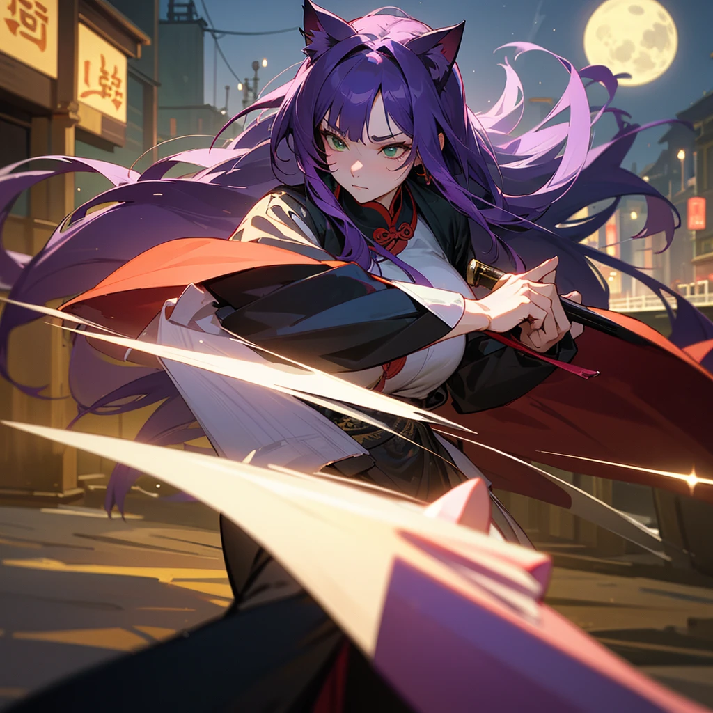 a mature woman in ancient chinese attire, long purple hair and three bangs, calm and intellectual expression, green eyes, cat ears, holding a long sword, fighting in a night street scene with a full moon, detailed facial features, best quality, 8k, highly detailed, realistic, photorealistic, physically-based rendering, masterpiece