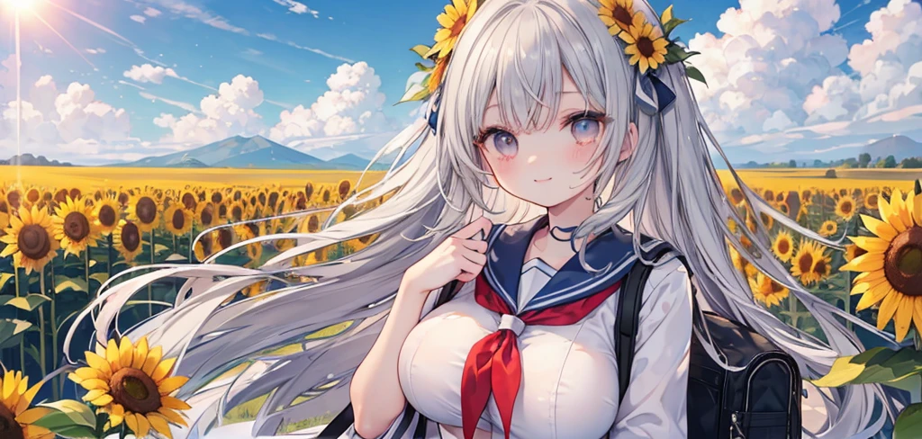 Masterpiece、Highest quality、Super detailed、Fluffy and soft long hair、Gray Hair、Eyes as pretty as flowers、Big Tits、Too big breasts、Sailor suit、summer、Sunflower field、hot、Sweat、smile、School Bags、blue sky、cumulonimbus、Light of the sun
