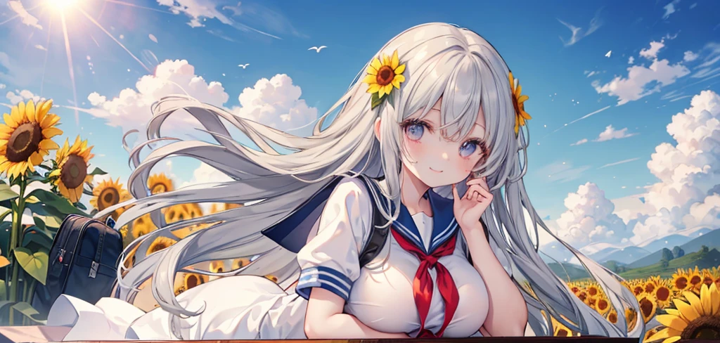 Masterpiece、Highest quality、Super detailed、Fluffy and soft long hair、Gray Hair、Eyes as pretty as flowers、Big Tits、Too big breasts、Sailor suit、summer、Sunflower field、hot、Sweat、smile、School Bags、blue sky、cumulonimbus、Light of the sun