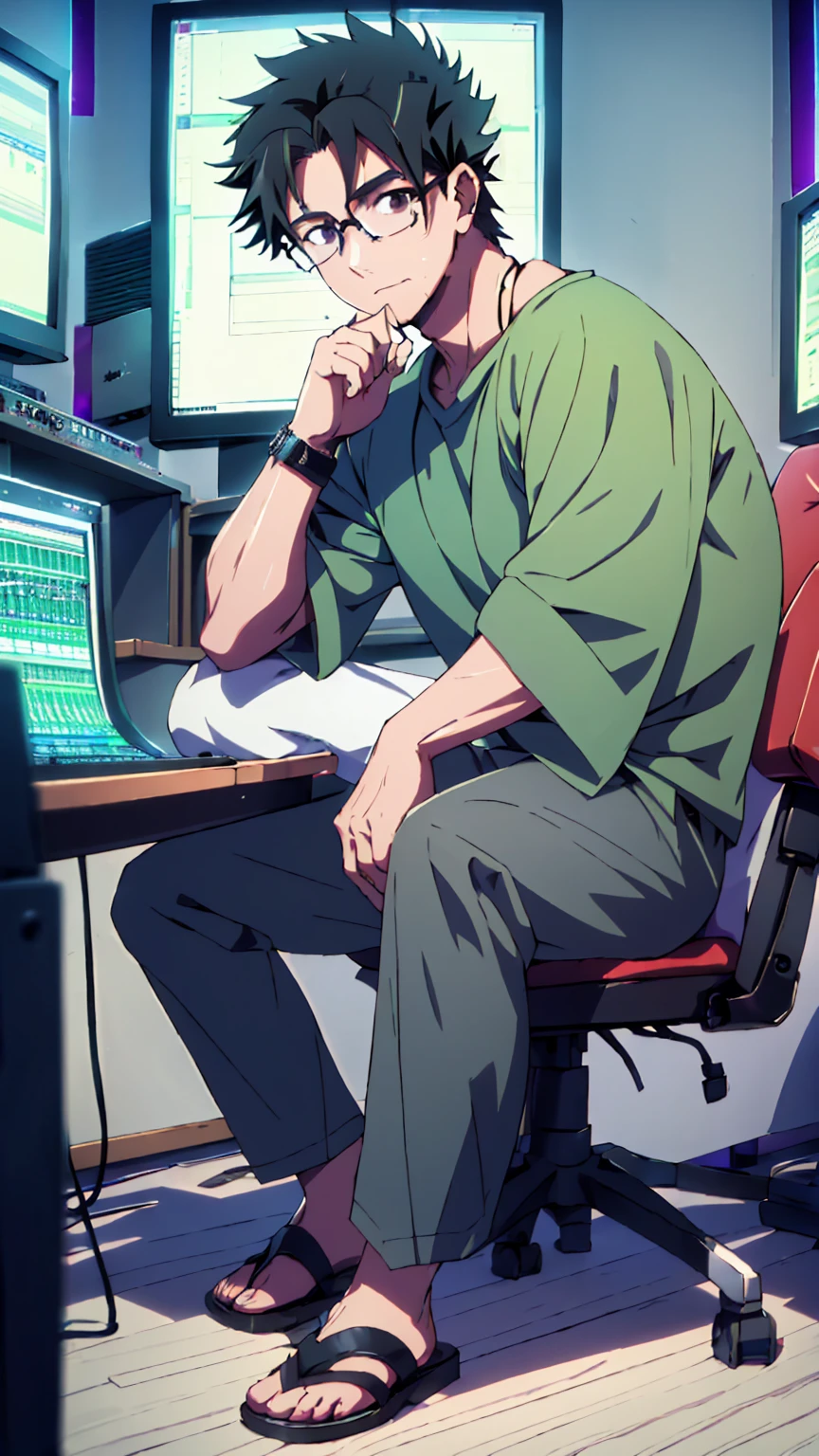 ((Highest quality)), ((masterpiece)), (detailed), Highest quality、High resolution、８K、Wearing a green shirt、Wearing black sandals、Accurate2本の腕と手と足、Accurate５Finger、One adult male、33 years old、Dark Eyes、((Black Hair))、Japanese anime-like style、超High resolutionかわいい萌えアニメ8k、handsome face manly、Short Hair、Slender and muscular、Glasses、Sitting in front of a computer in a music studio room analyzing a DAW