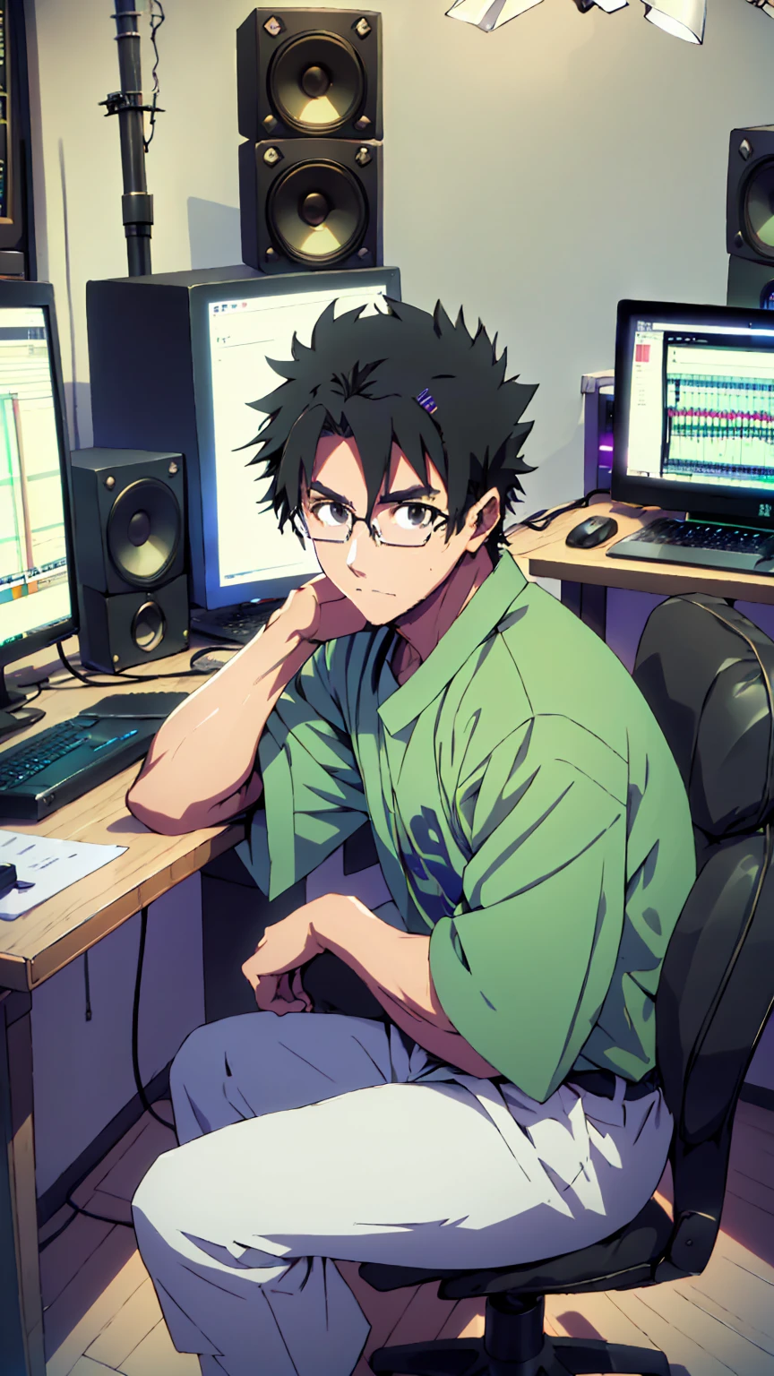 ((Highest quality)), ((masterpiece)), (detailed), Highest quality、High resolution、８K、Wearing a green shirt、Wearing black sandals、Accurate2本の腕と手と足、Accurate５Finger、One adult male、33 years old、Dark Eyes、((Black Hair))、Japanese anime-like style、超High resolutionかわいい萌えアニメ8k、handsome face manly、Short Hair、Slender and muscular、Glasses、Sitting in front of a computer in a music studio room analyzing a DAW