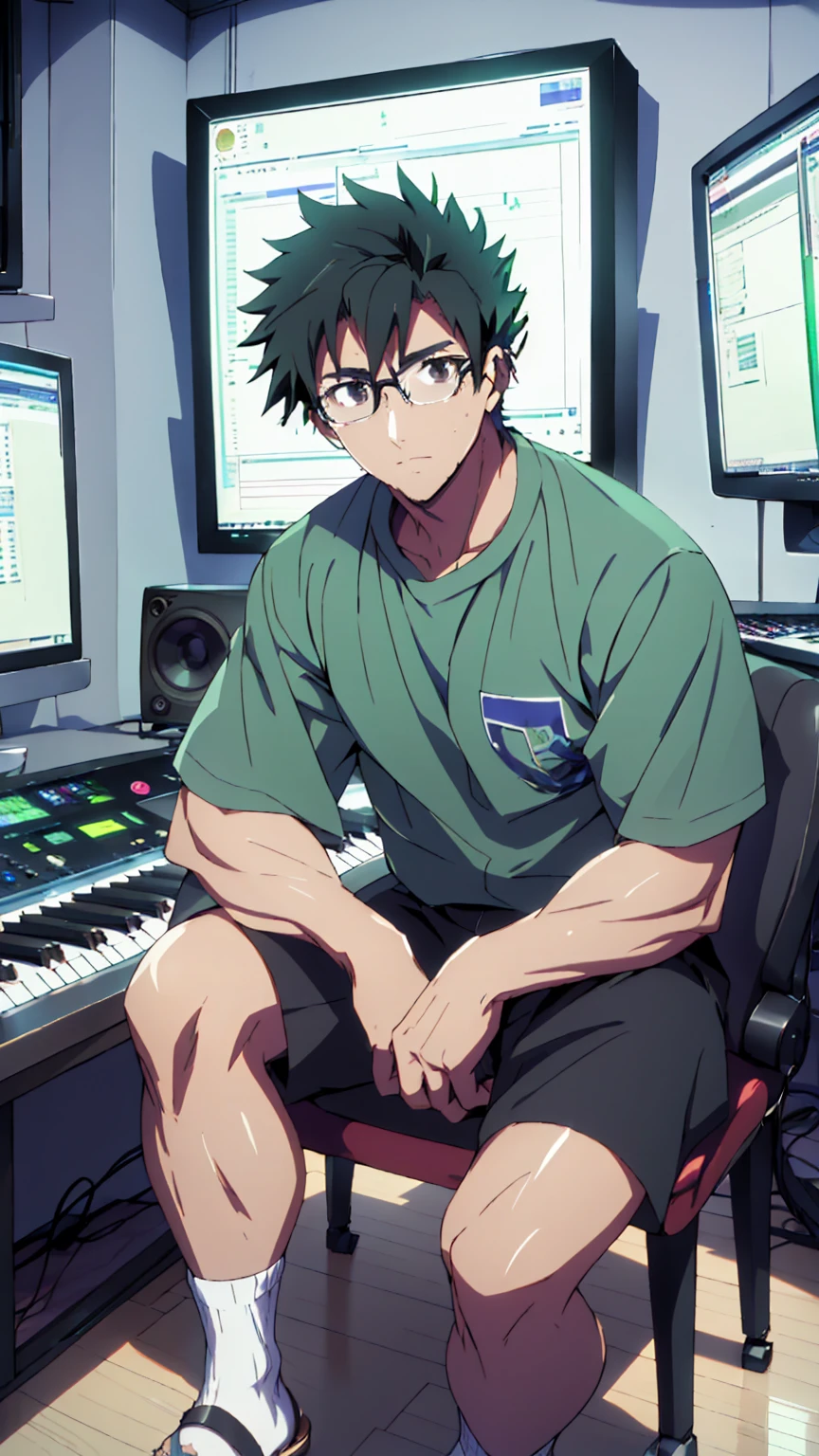 ((Highest quality)), ((masterpiece)), (detailed), Highest quality、High resolution、８K、Wearing a green shirt、Wearing black sandals、Accurate2本の腕と手と足、Accurate５Finger、One adult male、33 years old、Dark Eyes、((Black Hair))、Japanese anime-like style、超High resolutionかわいい萌えアニメ8k、handsome face manly、Short Hair、Slender and muscular、Glasses、Sitting in front of a computer in a music studio room analyzing a DAW