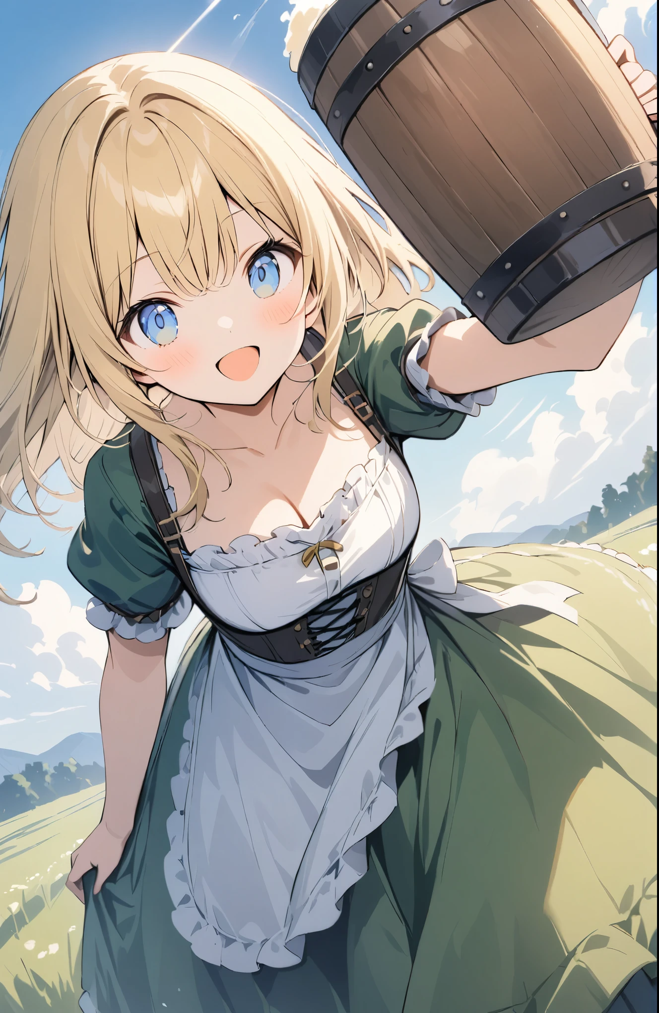 Very detailed、Very absurd、超High resolution, Attention to detail, high quality, High resolution, 最high quality, 4K, 8K, Awards,German folk costume,((dirndl,holding cup,beer mug,short puffy sleeves)),(白いシャツ),((Blonde:1.5)),(blue eyes:0.9),(Green Skirt),(White apron),Girl walking through the German meadow、cute、Grassland Background、The grass sways in the wind