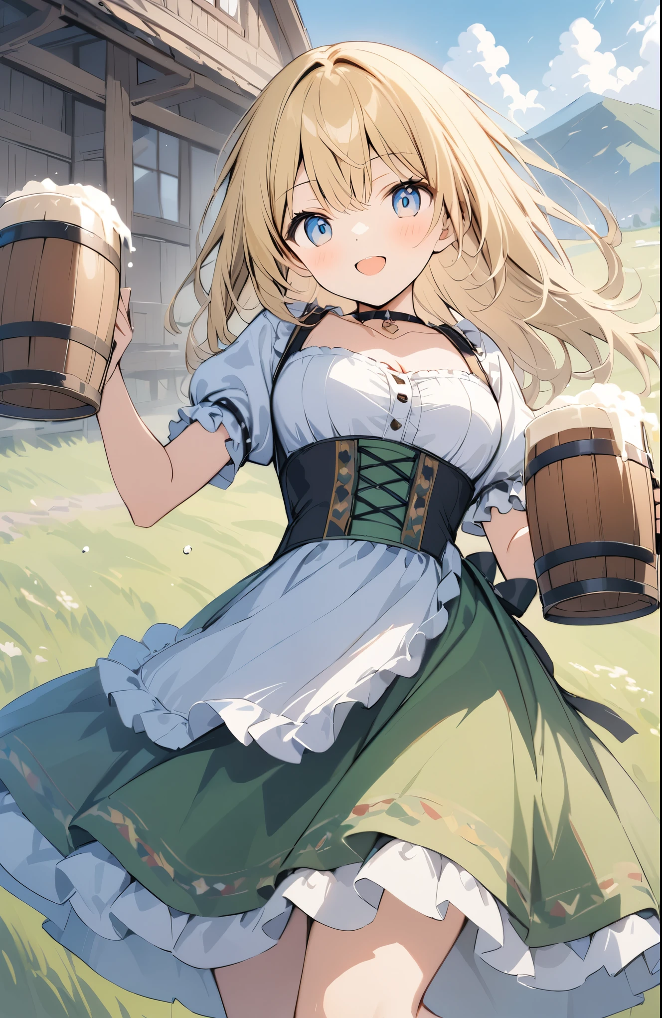 Very detailed、Very absurd、超High resolution, Attention to detail, high quality, High resolution, 最high quality, 4K, 8K, Awards,German folk costume,((dirndl,holding cup,beer mug,short puffy sleeves)),(白いシャツ),((Blonde:1.5)),(blue eyes:0.9),(Green Skirt),(White apron),Girl walking through the German meadow、cute、Grassland Background、The grass sways in the wind