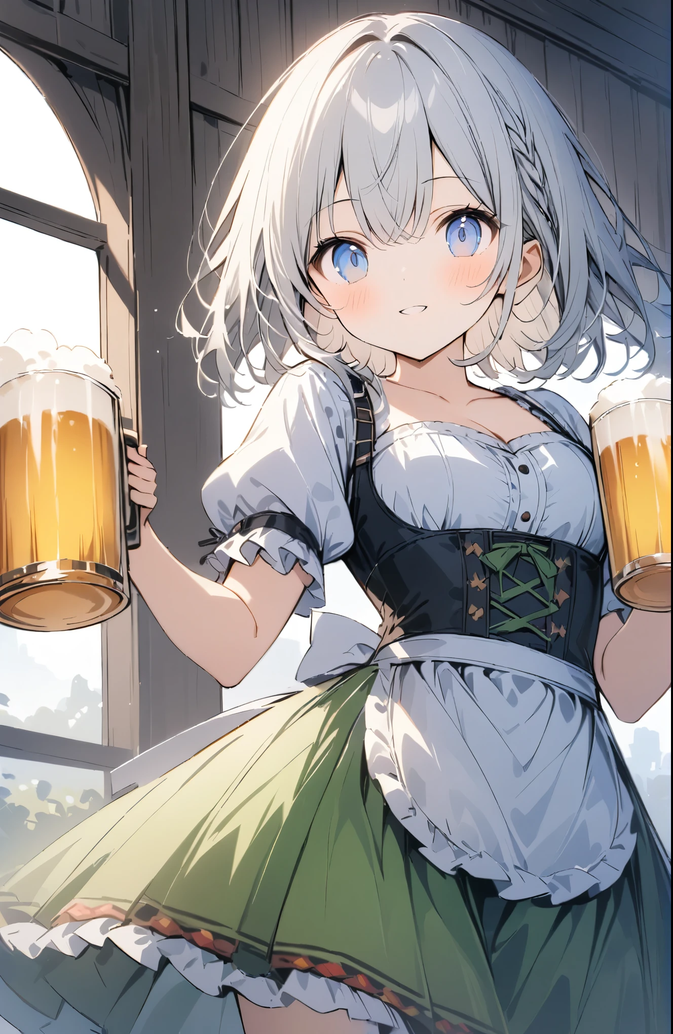 Very detailed、Very absurd、超High resolution, Attention to detail, high quality, High resolution, 最high quality, 4K, 8K, Awards,German folk costume,((dirndls,holding cup,beer mug,short puffy sleeves)),(White shirt),((bionde:1.5)),(blue eyes:0.9),(Green Skirt),(White apron),Girl walking through the German meadow、cute、Night Bar、The grass sways in the wind