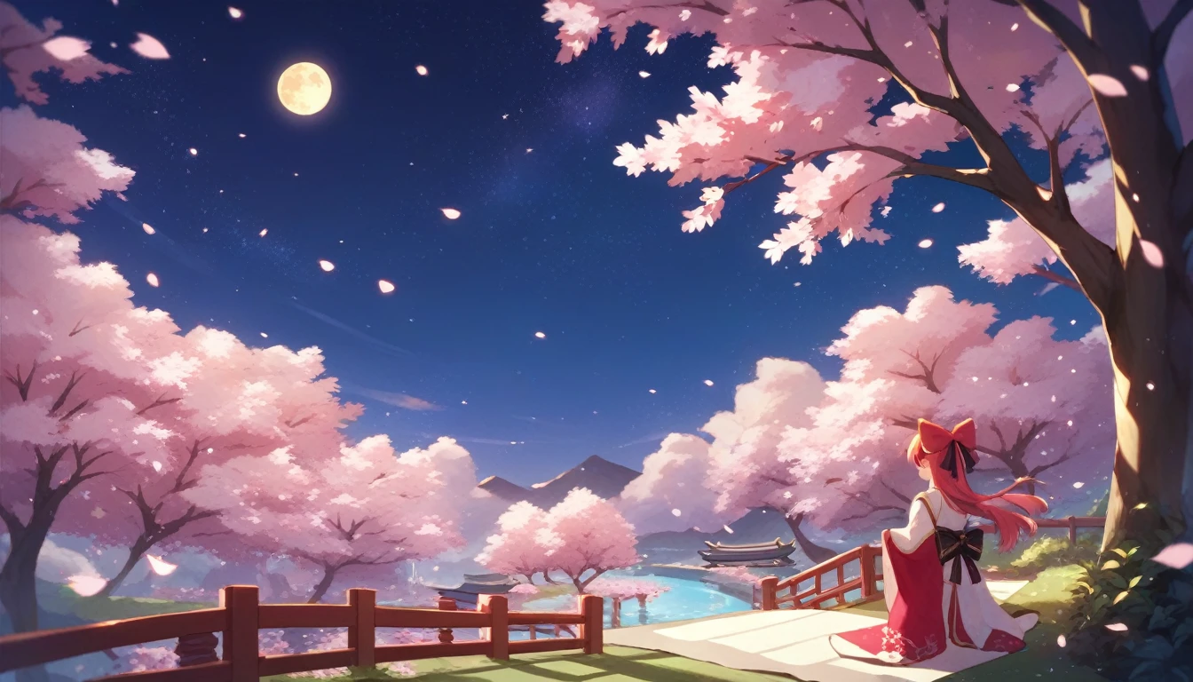 Japanese countryside scenery of cherry blossoms at night. Cherry blossoms in full bloom on the riverbed. It creates a fantastic atmosphere. Stars are shining beautifully in the sky and the moon is shining.