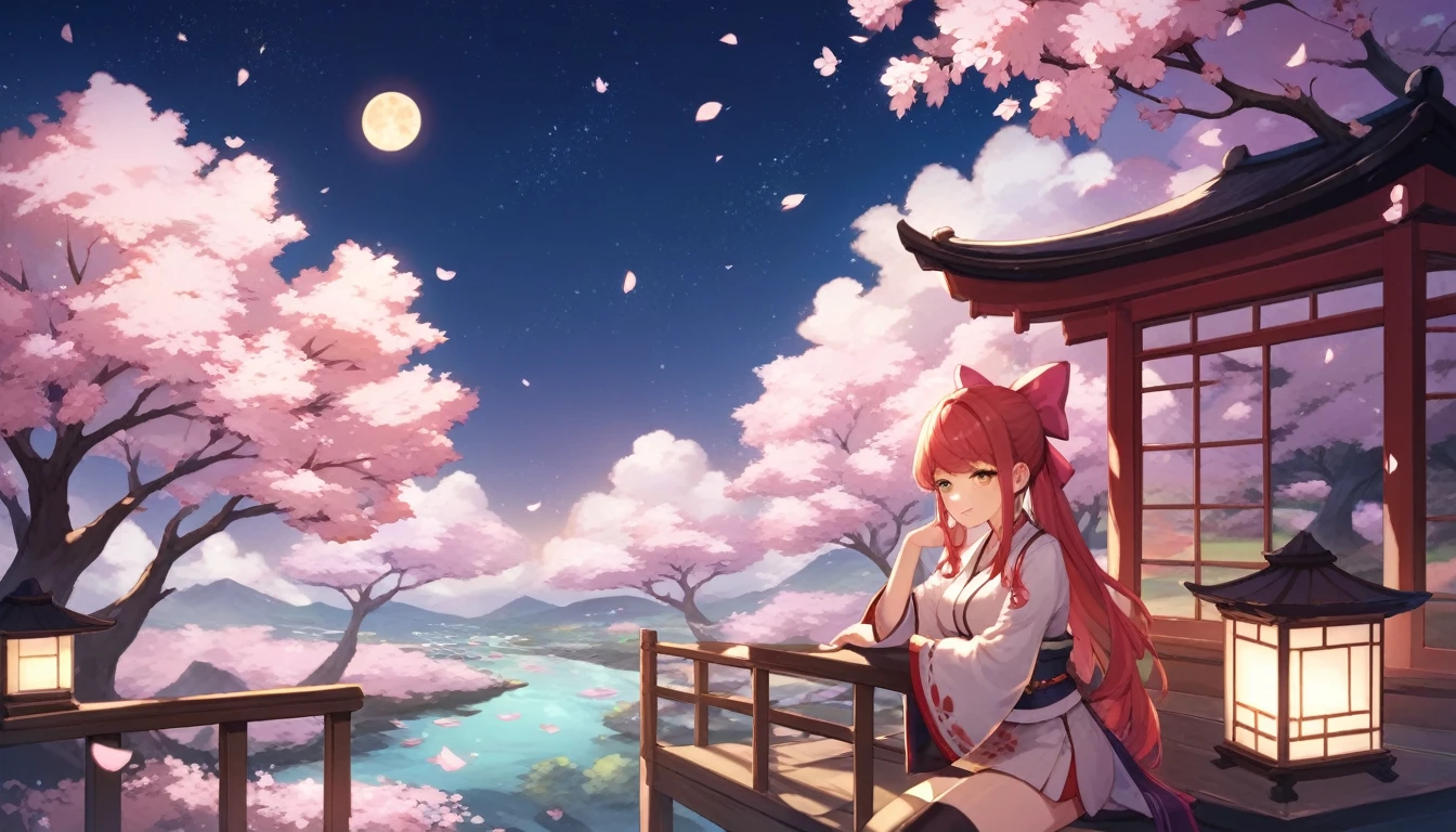 Japanese countryside scenery of cherry blossoms at night. Cherry blossoms in full bloom on the riverbed. It creates a fantastic atmosphere. Stars are shining beautifully in the sky and the moon is shining.