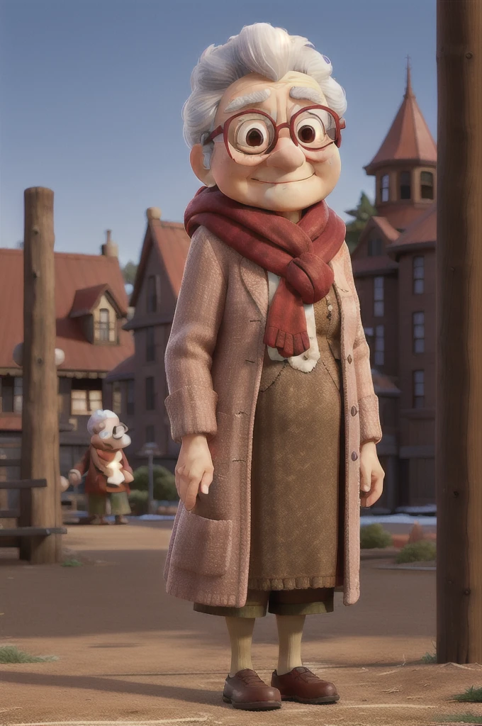 masterpiece, best quality, an old woman with glasses and a scarf on, wearing a red coat and 青 scarf, standing at the park