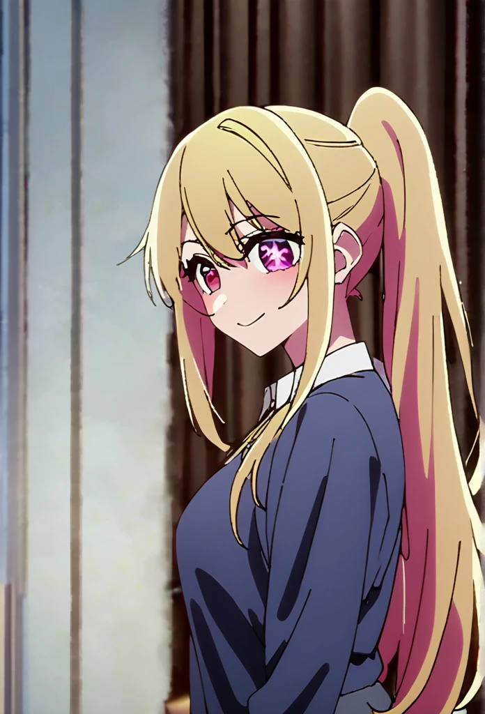 Blonde、Highest quality、high resolution、8K,Highest quality、Star-shaped pupil、The best smile、long hair、Pink Eyes、ponytail、Cowboy Shot、One person、透けてるドレス