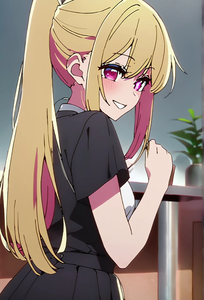 Blonde、Highest quality、high resolution、8K,Highest quality、Star-shaped pupil、The best smile、long hair、Pink Eyes、ponytail、Cowboy Shot、One person、透けてるドレス