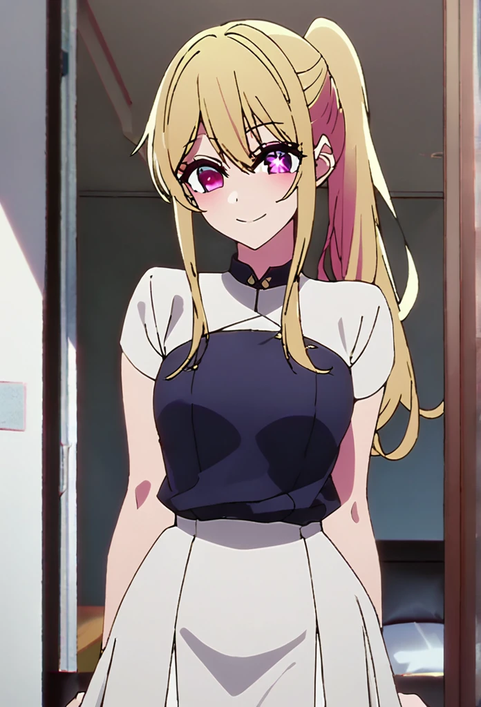 Blonde、Highest quality、high resolution、8K,Highest quality、Star-shaped pupil、The best smile、long hair、Pink Eyes、ponytail、Cowboy Shot、One person、透けてるドレス