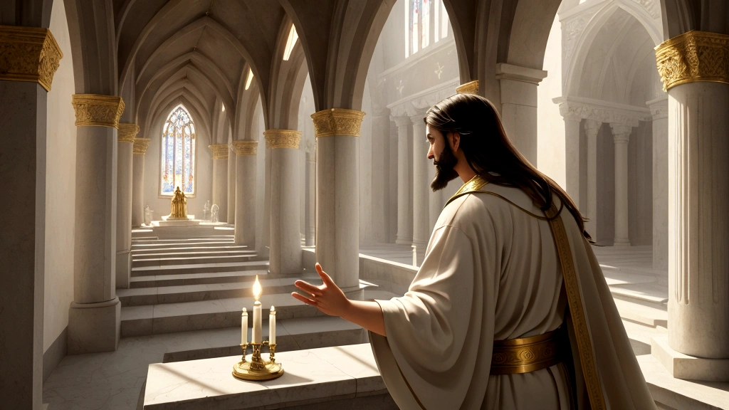 "A serene celestial landscape where the Father's house stands amidst clouds of radiant light. The architecture is adorned with countless rooms, each glowing with a welcoming warmth. Jesus, depicted in a compassionate pose, gestures towards the celestial city, assuring his followers of their prepared place in Heaven. Angelic figures hover nearby, symbolizing the divine presence and eternal fellowship promised in John 14:2-3. The scene conveys a sense of peace and anticipation, embodying the assurance of eternal life and divine reward for believers."