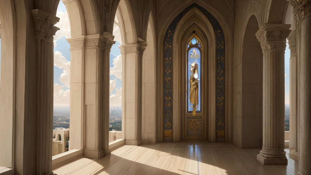"A serene celestial landscape where the Father's house stands amidst clouds of radiant light. The architecture is adorned with countless rooms, each glowing with a welcoming warmth. Jesus, depicted in a compassionate pose, gestures towards the celestial city, assuring his followers of their prepared place in Heaven. Angelic figures hover nearby, symbolizing the divine presence and eternal fellowship promised in John 14:2-3. The scene conveys a sense of peace and anticipation, embodying the assurance of eternal life and divine reward for believers."