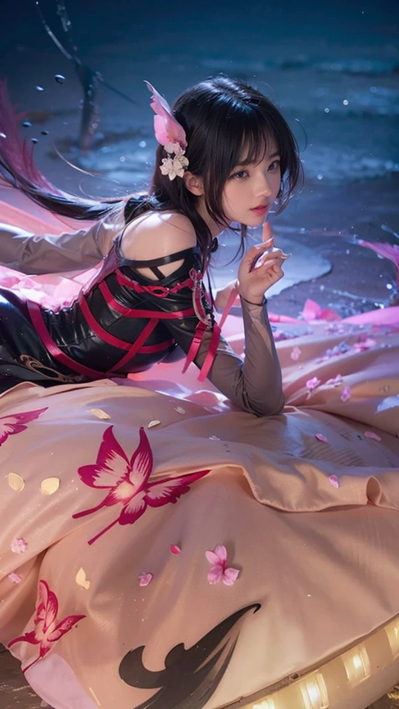 (ultra realistic) , (illustration), (increase resolution), (8K), (extremely detailed), (best illustration), (beautiful detailed eyes), (best quality), (ultra-detailed), (masterpiece), (wallpaper), (detailed face), solo,1 girl, looking at viewers, black straight hair, delicate details, in the dark, deep shadow, low key, pureerosfaceace_v1, happy smile, summer dress, full body, meadow