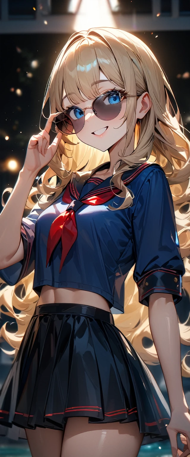 (((One girl))), ((beach)), noon, blond hair, Wavy Hair, bob cut, breasts, from front, (cowboy shot), standard body, (looking at viewer), ((dark blue serafuku out of skirt)), dark blue skirt, ((red ribbon)), ((sunglasses)), hand to sunglasses, teenager, head tilt:1.3, (((blue eye))), ((happy smile)), anime style, (best quality, 4k, 8k, highres, masterpiece:1.2, ultra-detailed, ultra-detailed eyes, HDR, UHD, studio lighting, ultra-fine painting, sharp focus, physically-based rendering, extreme detail description, professional, vivid colors, bokeh), ((Highest quality, Best image quality, Ultra-high resolution, Ultra-high resolution, solo, Strong eye highlights)), Depth of written boundary, Natural soft light, attractive, Beautiful Face, Cleanliness, Pure Face, nedium chest, Beautiful Face, Perfect Fingers, Perfect hands, Perfect body, Perfect Face, Shine a light into your eyes, Perfect Anatomy