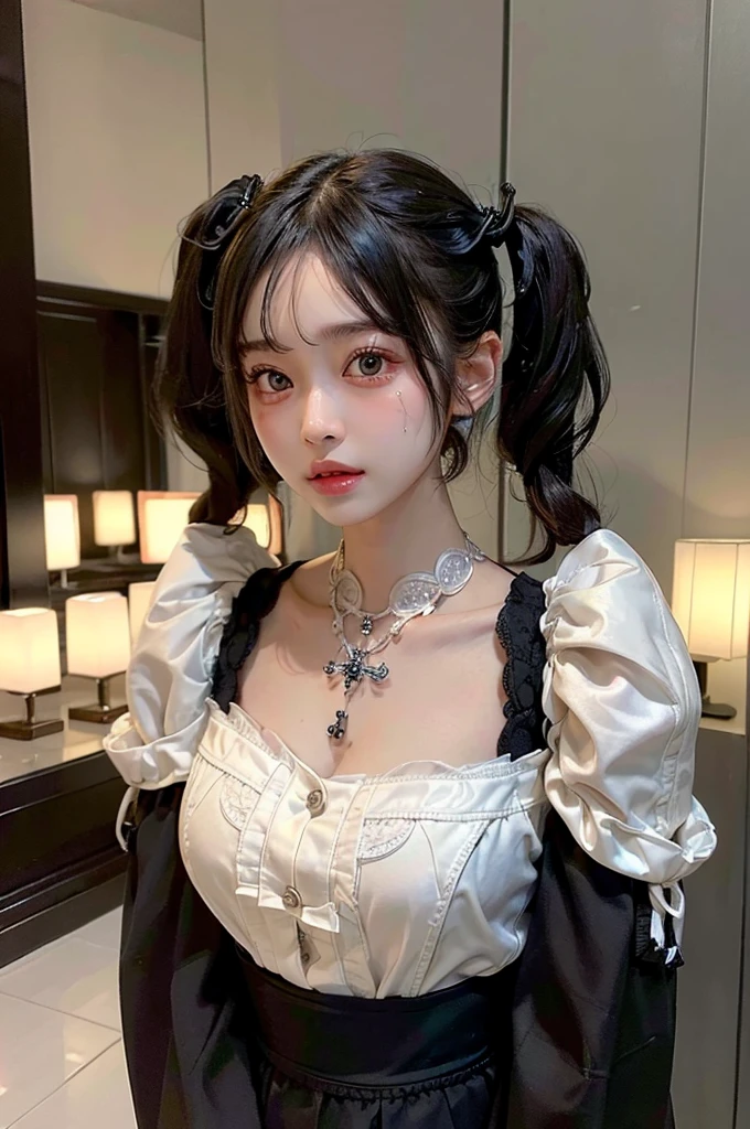 (Highest quality, masterpiece:1.3), ((Beautifully detailed face)), beautifully detailed skin, Intricate details, Very detailed, Best image quality in 8K, (18-year-old girl),Japanese Girls,Baby Face,(Detailed Hair,Twin tails:1.4,Black Hair),Detailed lips,Open your mouth,blush,Embarrassing,Realistic Face,Realistic Skin,(sexy:2.0,Clothes are disheveled),(Vibrant Skin,Moisturized Skin:1.2),Vivid lips,Lip gloss,The whole body is shown