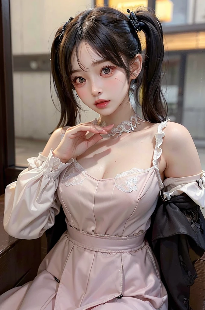 (Highest quality, masterpiece:1.3), ((Beautifully detailed face)), beautifully detailed skin, Intricate details, Very detailed, Best image quality in 8K, (18-year-old girl),Japanese Girls,Baby Face,(Detailed Hair,Twin tails:1.4,Black Hair),Detailed lips,Open your mouth,blush,Embarrassing,Realistic Face,Realistic Skin,(sexy:2.0,Clothes are disheveled),(Vibrant Skin,Moisturized Skin:1.2),Vivid lips,Lip gloss,The whole body is shown