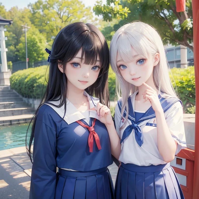best quality, masterpiece,
Three Japanese-high-school-girls,
looking straight ahead and striking a gutsy pose are standing (separately:1.4), side by side,
wearing a short-sleeved Japanese-blue-high-school-sailor-suit,
(Japanese-blue-high-school-uniform:1.7),
Reddish bow tie, with a school bag,
((too much smile)), very cute, face, head and waist fully visible, (soft eyes:1.2)
upper arms hidden by clothes and hair,(innocent and pure high-school-girls:1.7)
,(The image shows only the upper body:1.7)
(only one well-shaped beautiful mount Fuji:1.2), (shrine:1.2), summer(season) ,(outdoors:1.5),