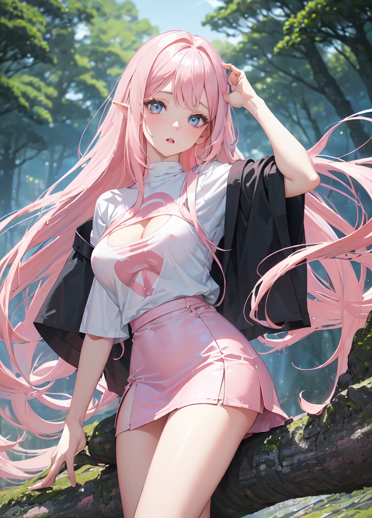 (((highest quallity))), brunette girl, blue colored eyes, parted lips, white t-shirt and black mini skirt,(((medium breasts 2))), face detailed, (((long pink hair, Loose))), looking at the viewer, bright coloured, land, a forest behind,(((nblurry background)))