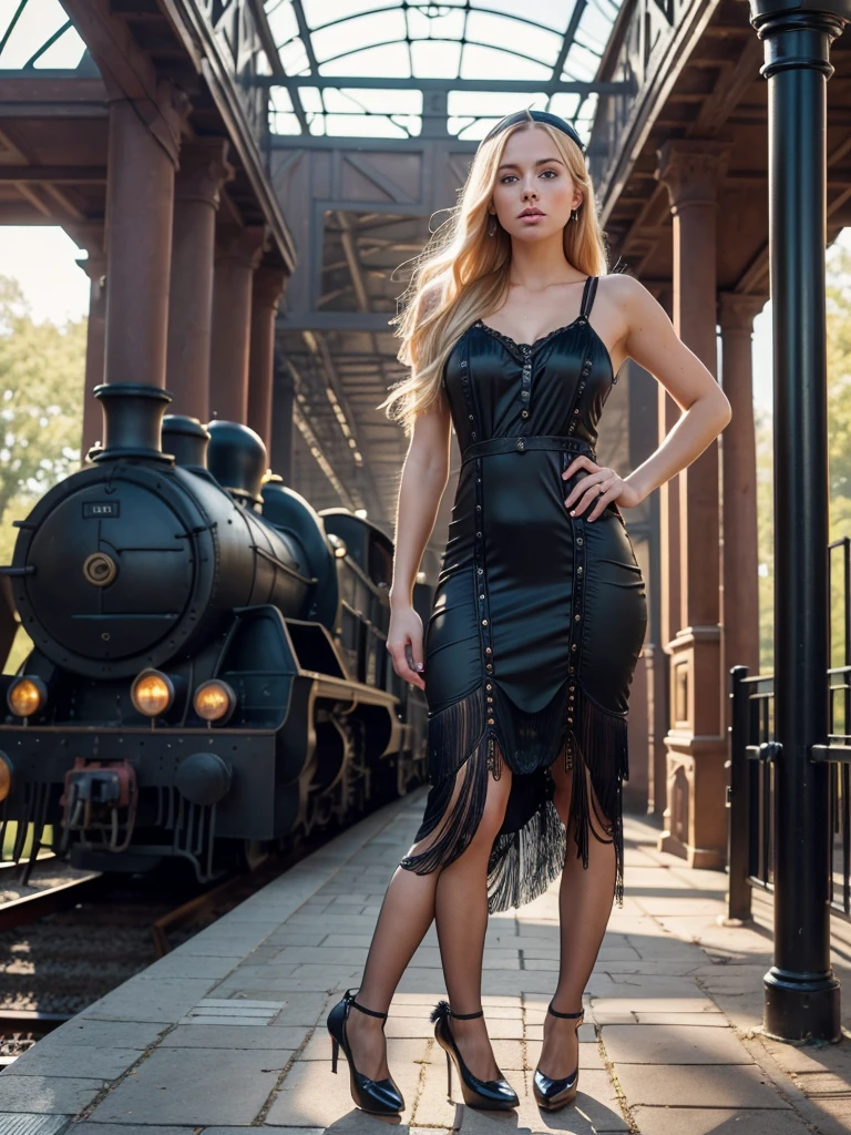 Full body portrait, a beautiful 28-year-old woman, standing (((outdoors))) on a 19th century train station platform, a huge black steam locomotive, locomotive puffing steam, 1910 railroad building behind her, she has long blonde hair, blue eyes, innocent, a beautiful blonde woman, coy expression, ((eyes open)), (((wearing a flapper dress))), ((trap pump shoes)), silk stockings, award-winning glamorous photography,((best quality)), (((masterpiece)), ((realistic)), ethereal lighting, ultra-high res.photorealistic:.1.4, (high detailed skin:1.2), 8k uhd, dslr, high quality, film grain, Fujifilm XT3,(masterpiece) (best quality) (detailed) (cinematic lighting) (sharp focus) (intricate)