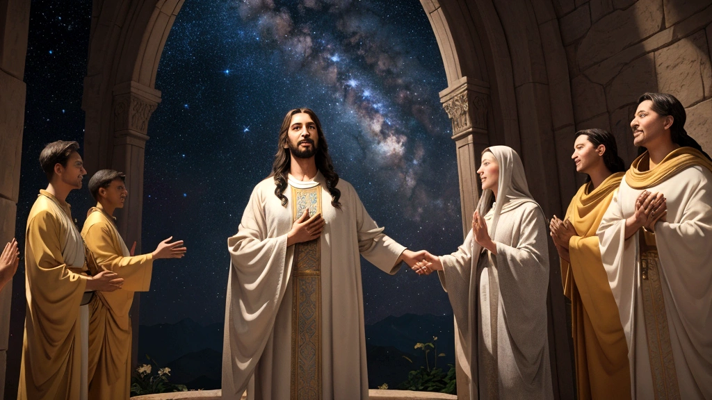 "A celestial vision where the Father's house emerges as a shimmering sanctuary amidst a tapestry of stars and galaxies. Each room within the heavenly abode radiates with divine light and serenity. Jesus, surrounded by a host of joyful believers, extends a welcoming hand towards the celestial city, fulfilling the promise of preparing a place for his followers. The atmosphere resonates with hope and fulfillment, symbolizing the eternal life and divine reward awaiting those who place their trust in Jesus' words from John 14:2-3."
