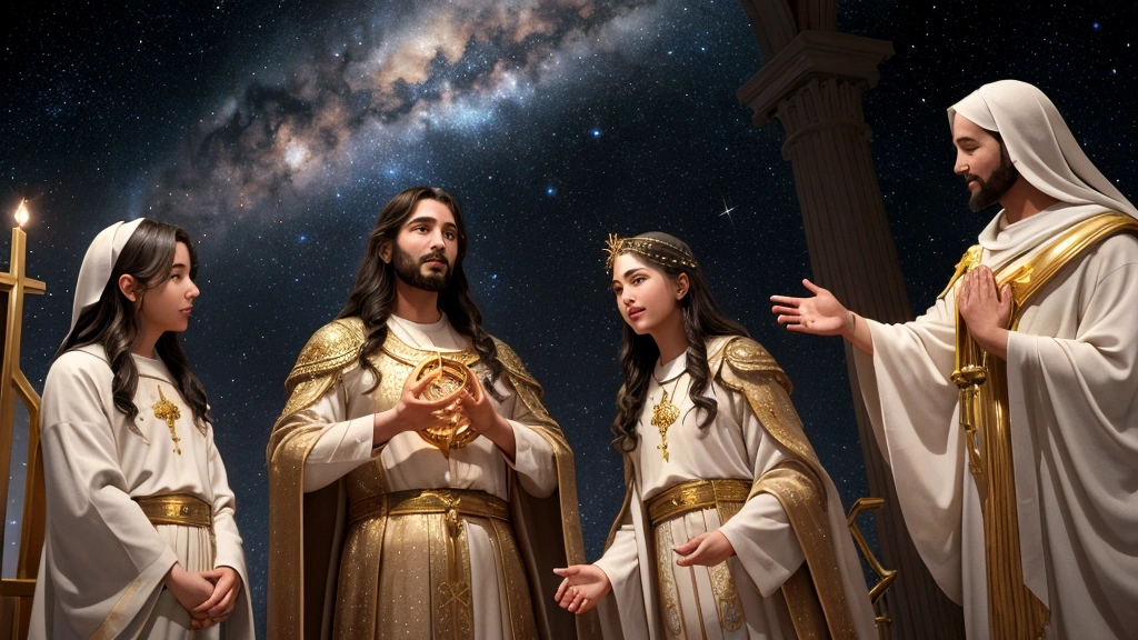 "A celestial vision where the Father's house emerges as a shimmering sanctuary amidst a tapestry of stars and galaxies. Each room within the heavenly abode radiates with divine light and serenity. Jesus, surrounded by a host of joyful believers, extends a welcoming hand towards the celestial city, fulfilling the promise of preparing a place for his followers. The atmosphere resonates with hope and fulfillment, symbolizing the eternal life and divine reward awaiting those who place their trust in Jesus' words from John 14:2-3."