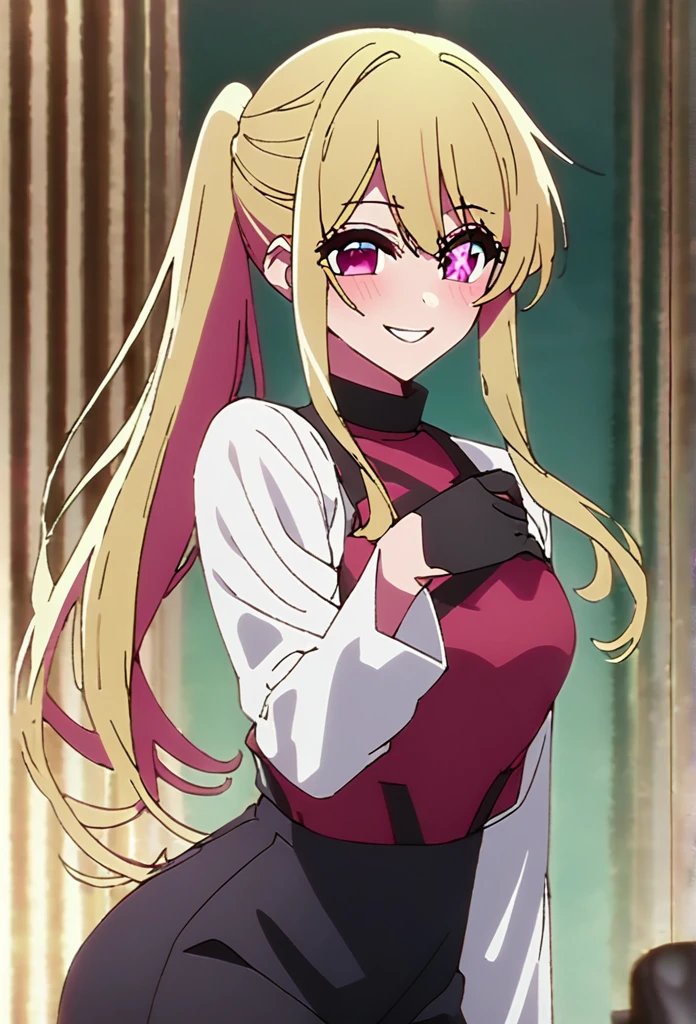 Blonde、Highest quality、high resolution、8K,Highest quality、Star-shaped pupil、The best smile、long hair、Pink Eyes、ponytail、Cowboy Shot、One person、テニスウェア