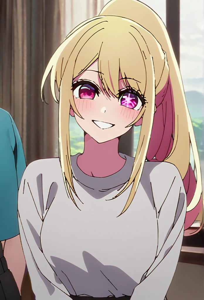 Blonde、Highest quality、high resolution、8K,Highest quality、Star-shaped pupil、The best smile、long hair、Pink Eyes、ponytail、Cowboy Shot、One person、テニスウェア
