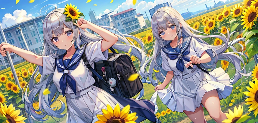 Masterpiece、Highest quality、Super detailed、Fluffy and soft long hair、Gray Hair、Eyes as pretty as flowers、Big Tits、Too big breasts、Sailor suit、summer、Sunflower field、hot、Sweat、smile、School Bags、blue sky、cumulonimbus、Light of the sun