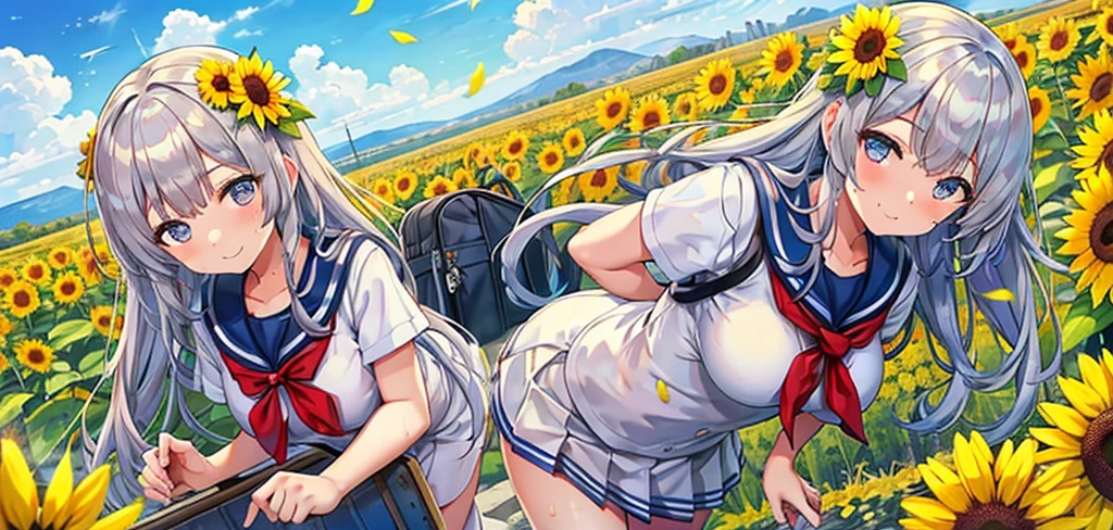 Masterpiece、Highest quality、Super detailed、Fluffy and soft long hair、Gray Hair、Eyes as pretty as flowers、Big Tits、Too big breasts、Sailor suit、summer、Sunflower field、hot、Sweat、smile、School Bags、blue sky、cumulonimbus、Light of the sun