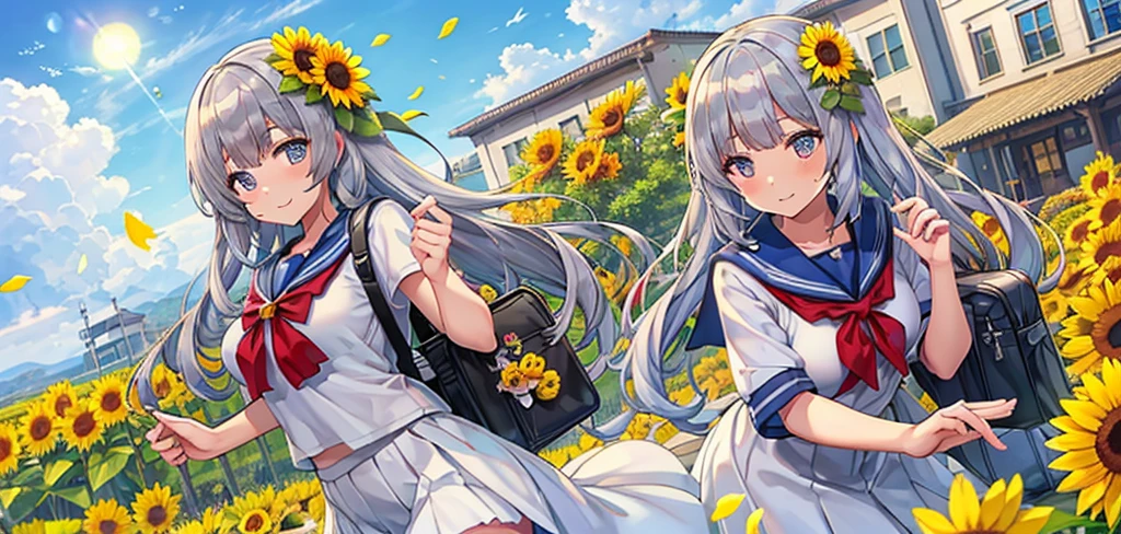 Masterpiece、Highest quality、Super detailed、Fluffy and soft long hair、Gray Hair、Eyes as pretty as flowers、Big Tits、Too big breasts、Sailor suit、summer、Sunflower field、hot、Sweat、smile、School Bags、blue sky、cumulonimbus、Light of the sun