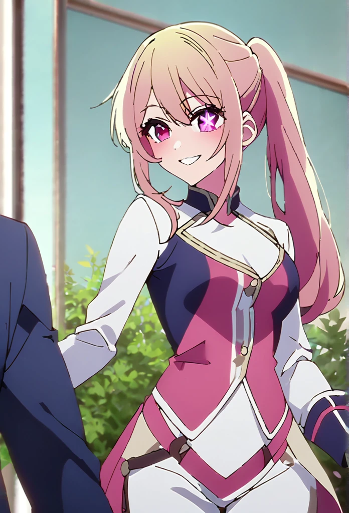 bionde、Highest quality、high resolution、8K,Highest quality、Star-shaped pupil、The best smile、long hair、Pink Eyes、ponytail、Cowboy Shot、one person、equestrianism