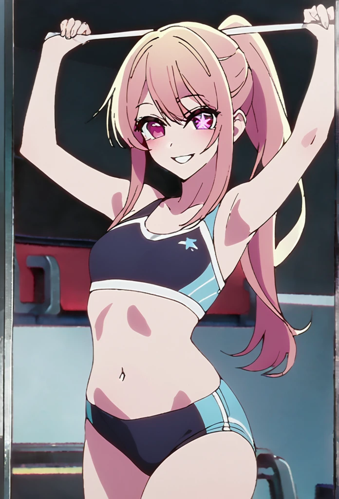 bionde、Highest quality、high resolution、8K,Highest quality、Star-shaped pupil、The best smile、long hair、Pink Eyes、ponytail、Cowboy Shot、one person、New Gymnastics
