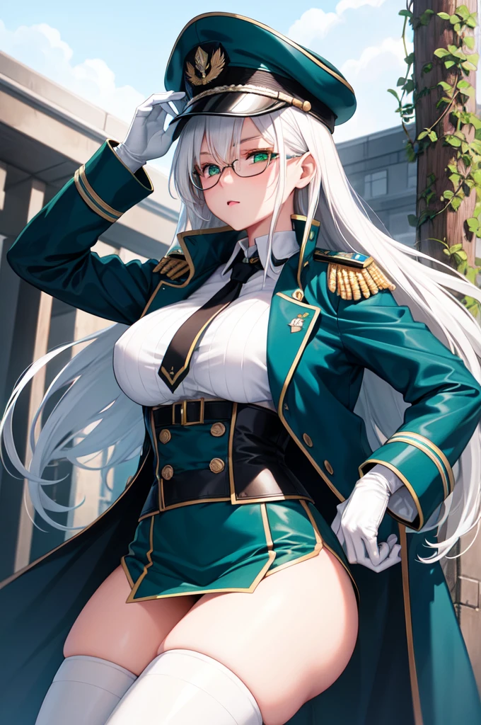 masterpiece, best quality, beautiful girl, white hair with green color inner, green eyes color, blue military uniform, mature_female, eyes glasses , white gloves, anime, blue military hat, very_long_hair, perfect body, red ribbon, commander, science_fiction, black knee-high boots, white pants, cowboy_shot , large_breasts, ultra-detailed, high quality, modern military uniform, sci-fi, dark blue Trench Coat, 1girl, 4k, military base ,perfect hands