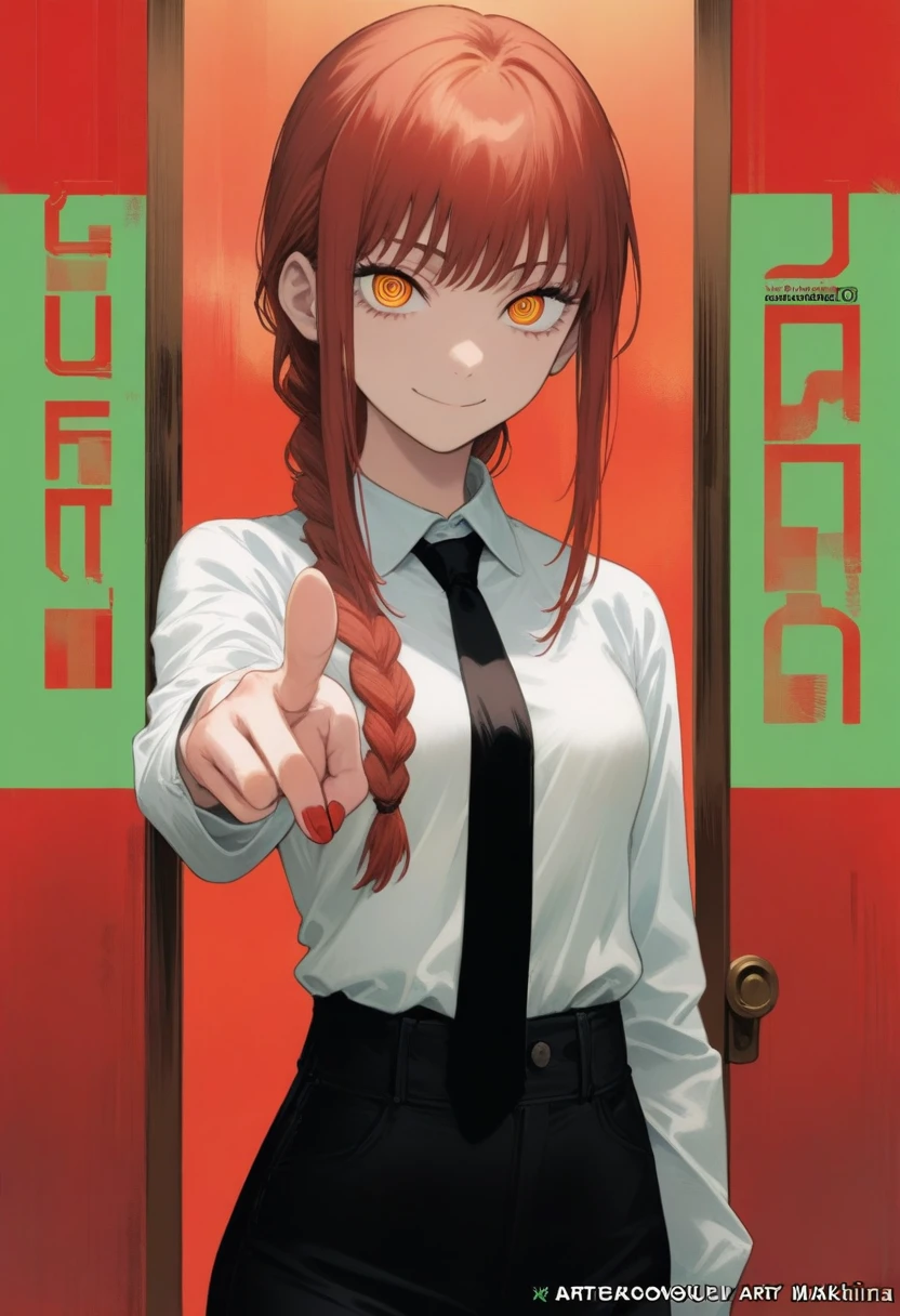 1girl, fukahire \(ruinon\), tatsuki fujimoto, absurdres, official art, absurdres, chainsaw man, makima \(chainsaw man\), 1girl, artist name, black necktie, black pants, braid, braided ponytail, breasts, closed mouth, collared shirt, copyright name, cover, cover page, dress pants, formal, green background, hand gesture, high-waist pants, long hair, long sleeves, looking at viewer, manga cover, medium breasts, multicolored background, nail, necktie, open door, pants, pointing, pointing at viewer, red background, red eyes, red hair, ringed eyes, shirt, sidelocks, smile, solo, upper body, white shirt, yellow eyes, ((very aesthetic, best quality, ultra detailed)), rating:safe, manga, painterly
