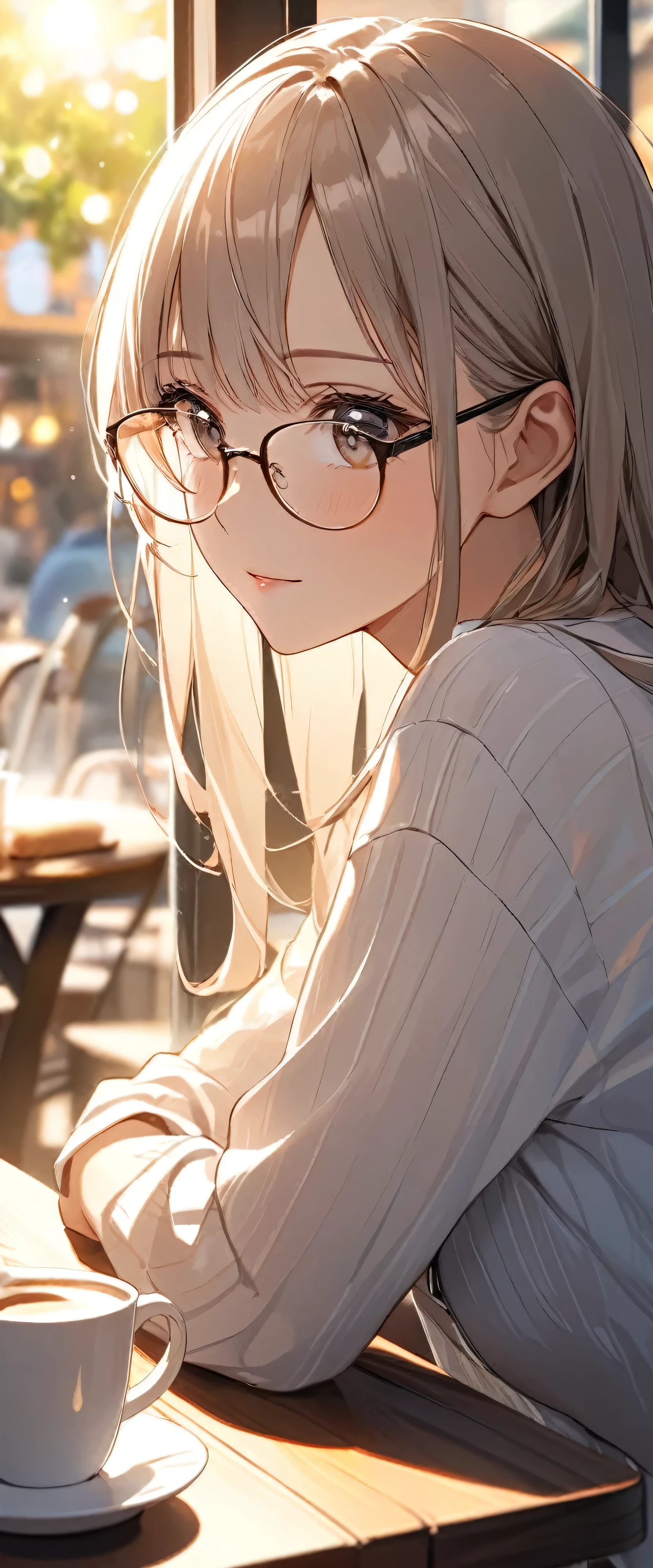 Close-up of beautiful girl with rimless glasses sitting in cafe,Looking out the window.There is a cup of ice coffee on the wooden table(The whole head Looking out the window.The moment the sun shines)Surrounded by the dazzling afternoon sun, shadow and shade textures,The whole scene looks lazy and romantic, Effortlessly elegant aesthetics.。Cafe bokeh background