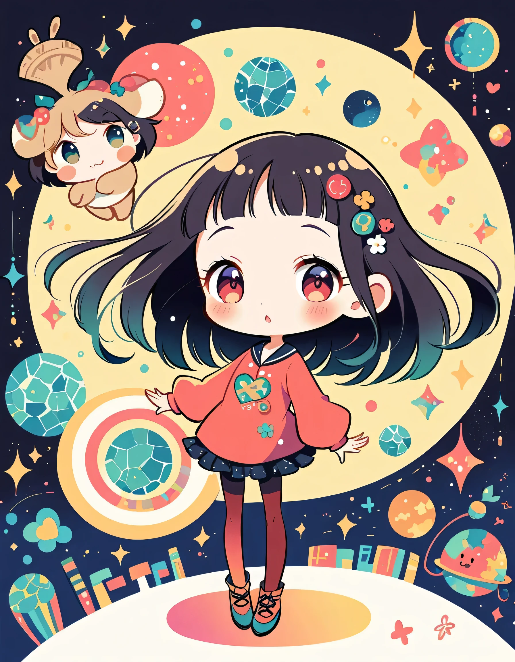 Vasily Kandinsky style, Kawaii Design, The most beautiful girl of all time、chibi, cute alien、Space Travel