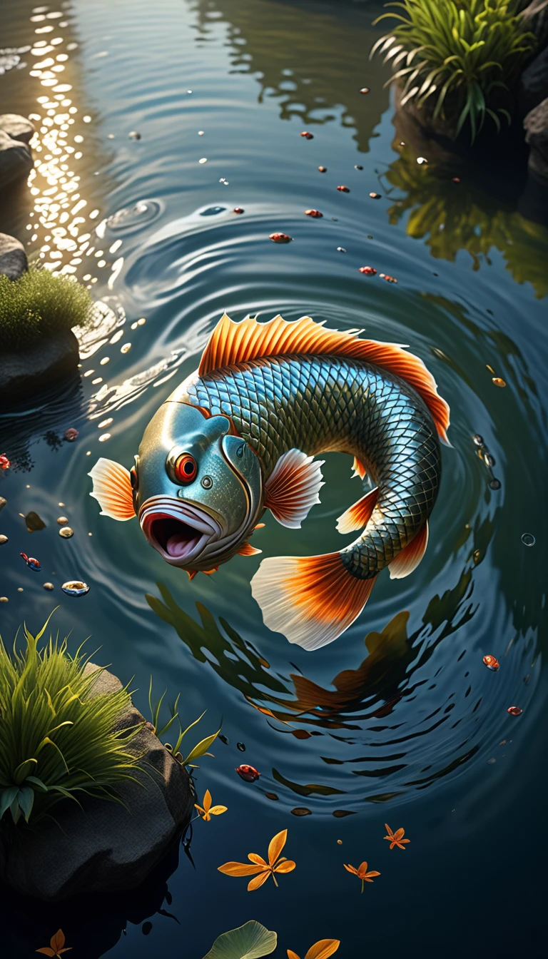 Mythical creatures in Shan Hai Jing,A fish with a human head swimming in the river,Highly detailed,4K,8K,high resolution,masterpiece,Ultra Detailed,lifelike,Photo Realism,照片lifelike,Extremely detailed animals,Complex patterns,Dramatic lighting,Fantasy creature composition,Vast landscape