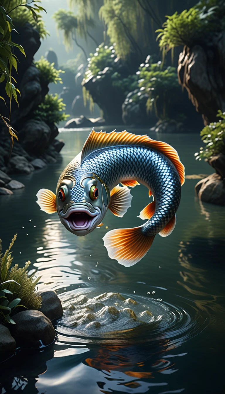 Mythical creatures in Shan Hai Jing，A fish with a human head swimming in the river，Highly detailed，4K，8K，high resolution，masterpiece，Ultra Detailed，lifelike，Photo Realism，照片lifelike，Extremely detailed animals，Complex patterns，Dramatic lighting，Fantasy creature composition，Vast landscape