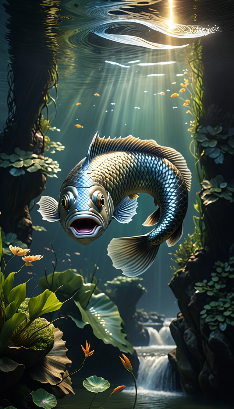 Mythical creatures in Shan Hai Jing，A fish with a human head swimming in the river，Highly detailed，4K，8K，high resolution，masterpiece，Ultra Detailed，lifelike，Photo Realism，照片lifelike，Extremely detailed animals，Complex patterns，Dramatic lighting，Fantasy creature composition，Vast landscape