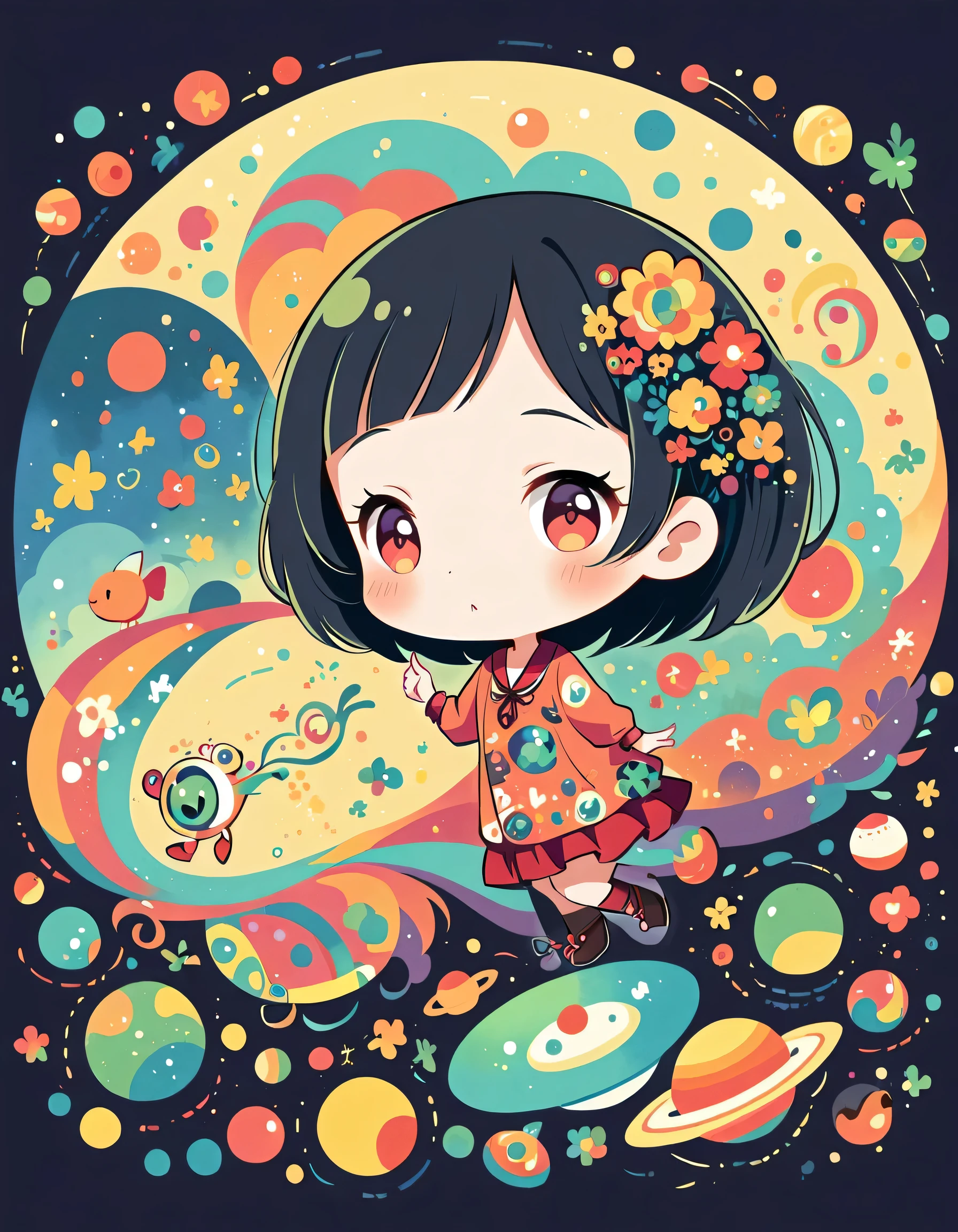 Vasily Kandinsky style, Kawaii Design, The most beautiful girl of all time、chibi, cute alien、Space Travel