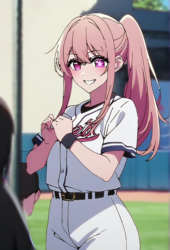 bionde、Highest quality、high resolution、8K,Highest quality、Star-shaped pupil、The best smile、long hair、Pink Eyes、ponytail、Cowboy Shot、one person、baseball