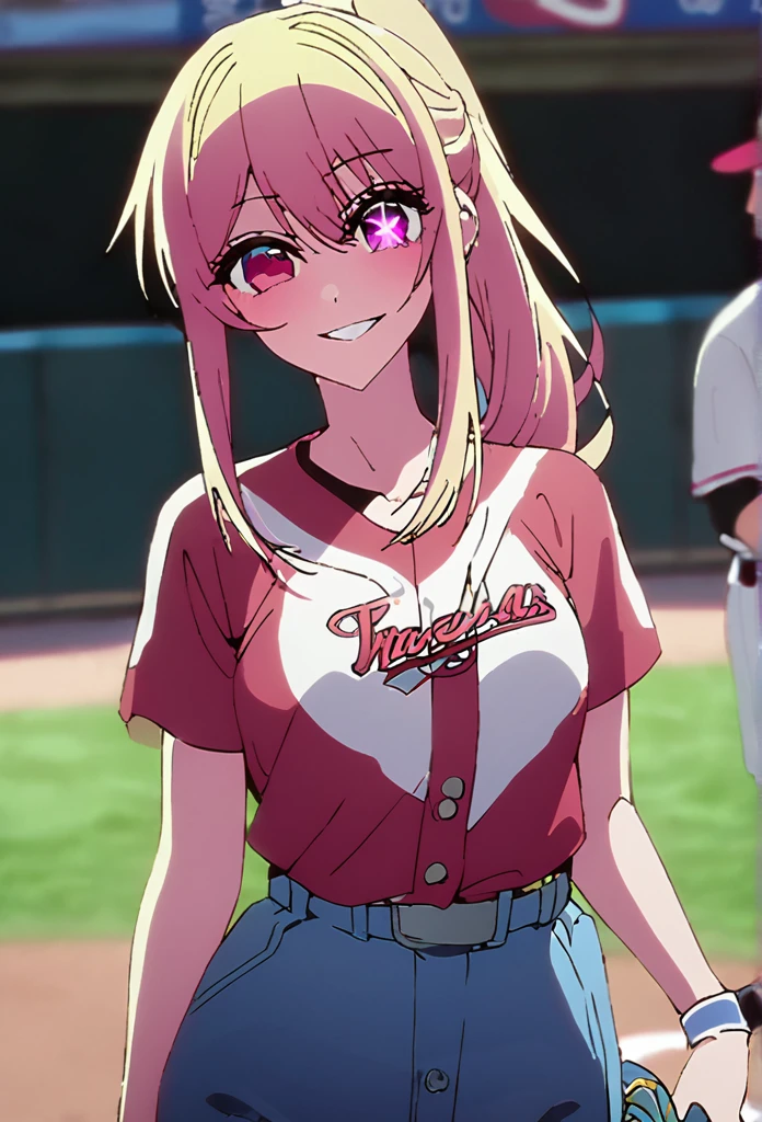 bionde、Highest quality、high resolution、8K,Highest quality、Star-shaped pupil、The best smile、long hair、Pink Eyes、ponytail、Cowboy Shot、one person、baseball