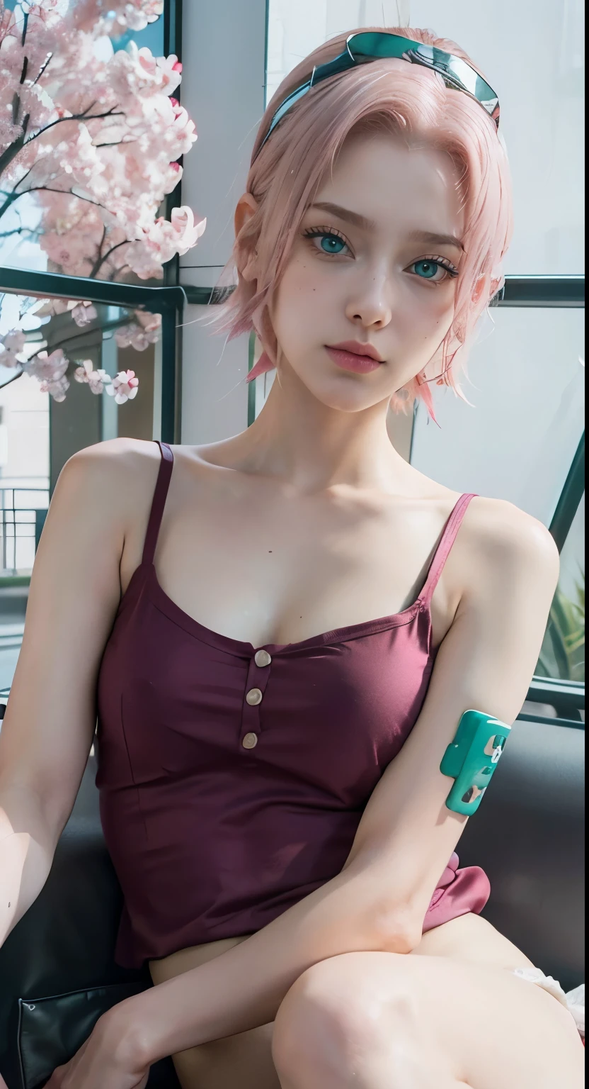young woman, Short shoulder-length pink hair, Wide forehead, Porcelain-like skin, Pink eyebrows, large emerald-green eyes, Button nose, Fuller lips, Heart shaped face, Slender body, Small breasts, Red Tank Top, Haruno sakura , Realistic, realism, detailed, 3d, よくdetailedに