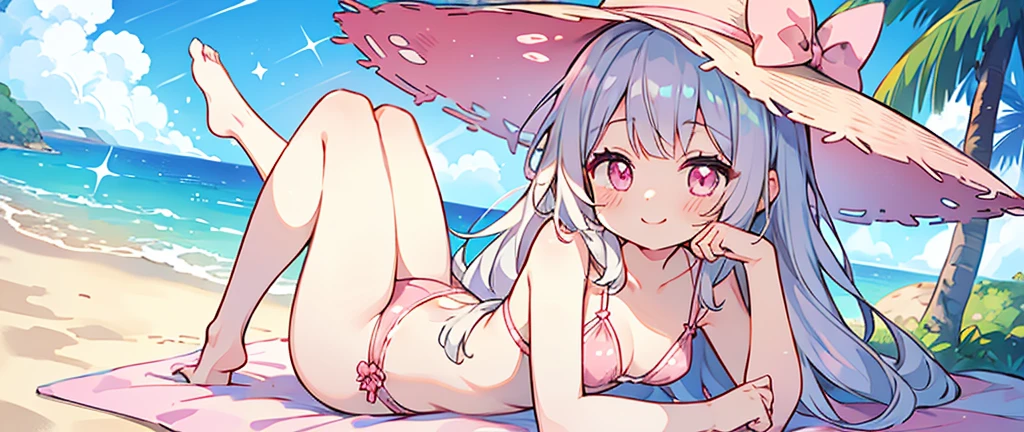 summer、1 girl、((Silver fur))、((Pink sparkly eyes))、A sloppy smile、Open your mouth、Swimwear、Lie down、Highest quality、Ocean、Beautiful legs